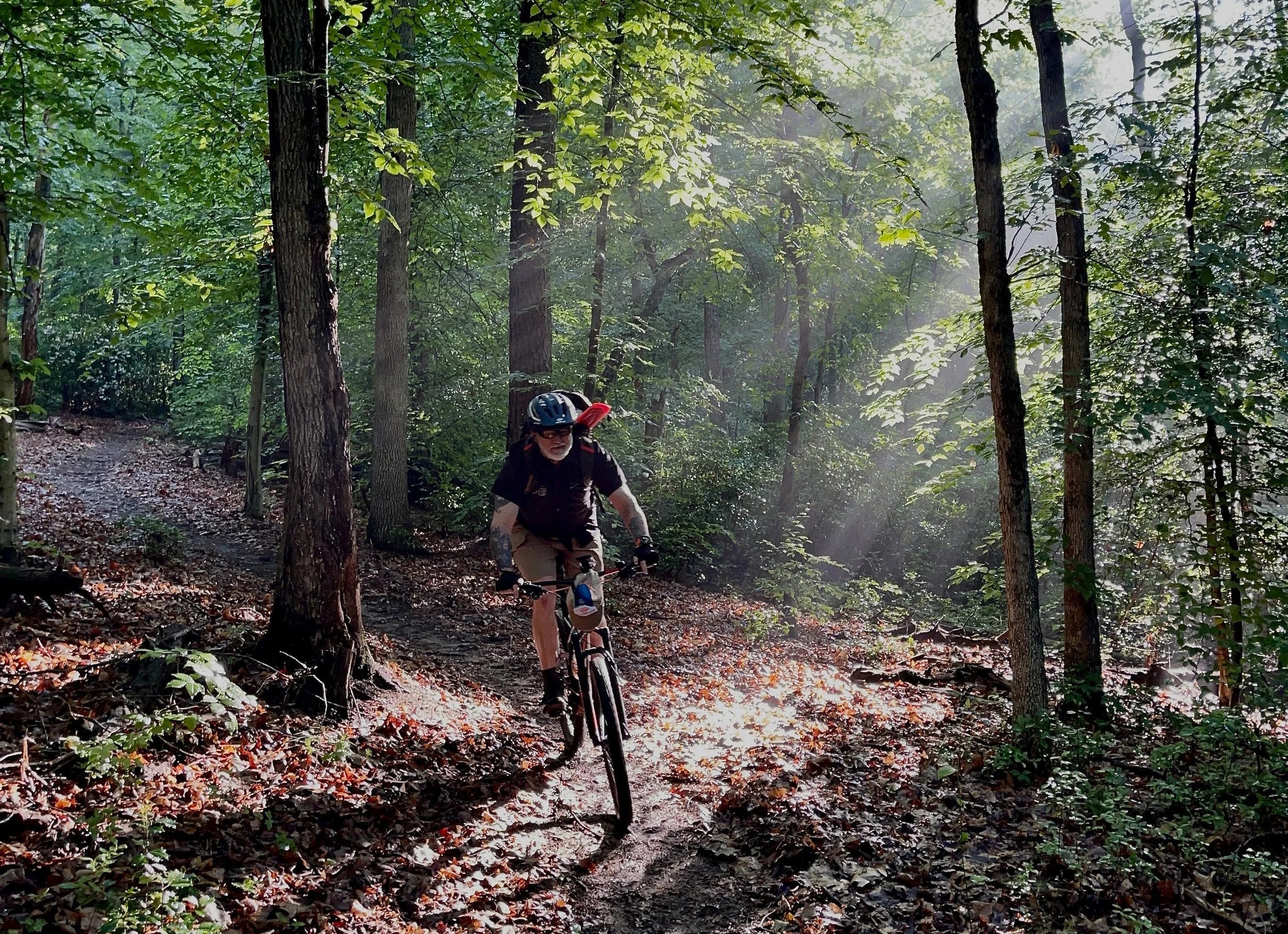Mountain bike rider on trail lit by sun's rays through the trees